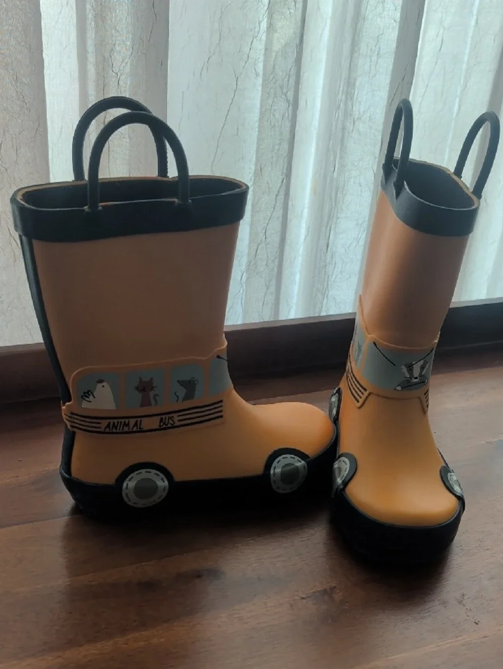 Kids Yellow Animal Bus Rain Boots with Navy Trim
